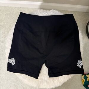 Darc Sport Black High-Rise Athletic Shorts with Embroidered Wolf Accents